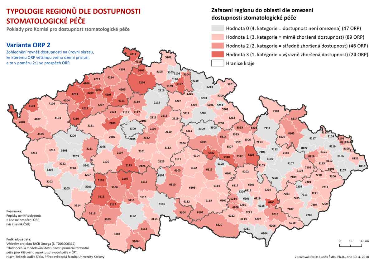Mapa dostupnosti stomatologické péče sloužící na přerozdělování dotací na stomatologické ordinace v méně atraktivních regionech. Zdroj: MZCR.cz